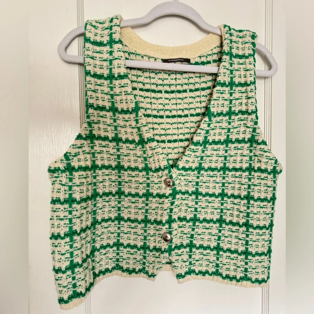 Women’s Green and Cream Women's Cardigan Vest - Picture 2 of 5